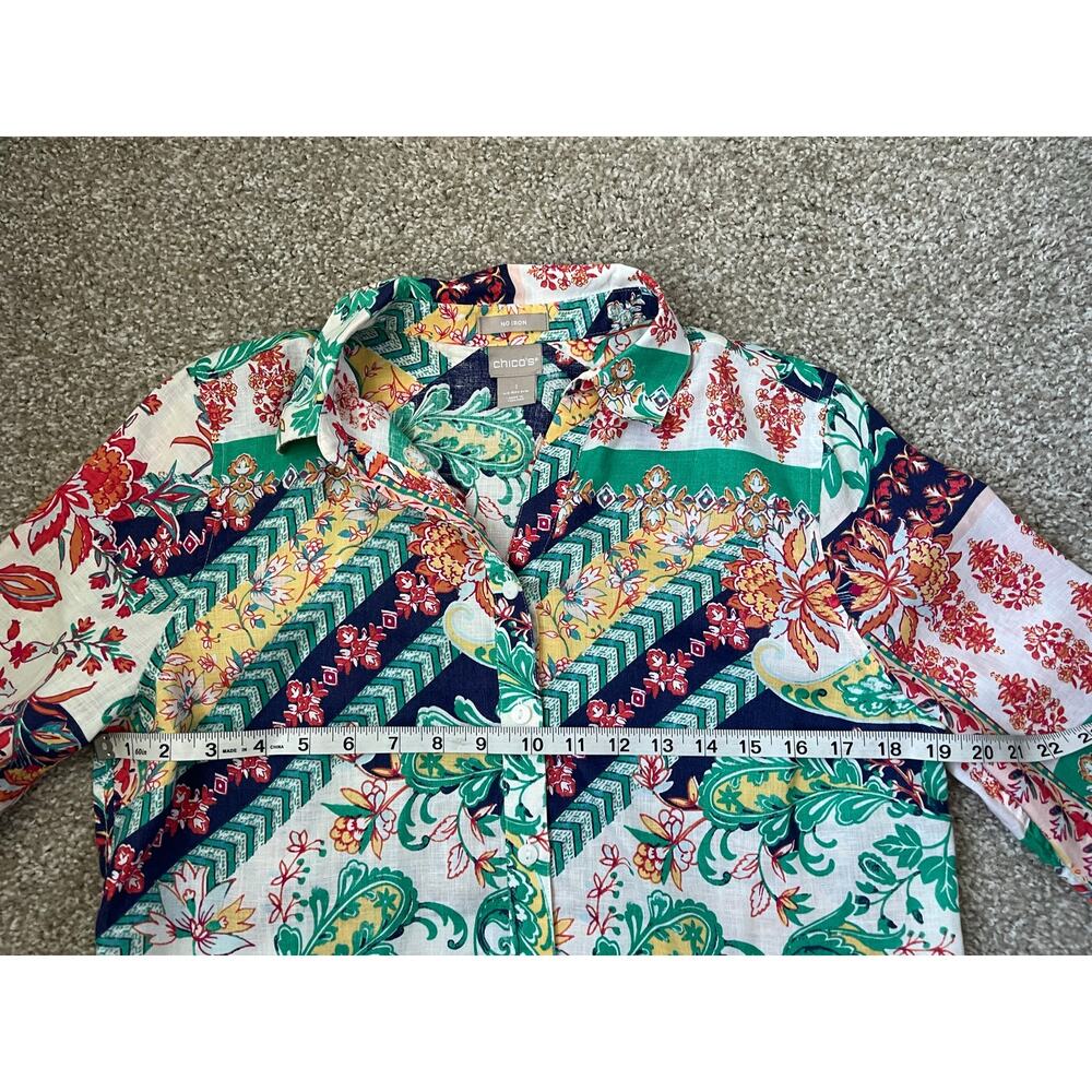 Chico's Linen Mixed Print Shirt No Iron Floral Paisley 3/4 Sleeves Boho Casual 1 - Picture 9 of 11